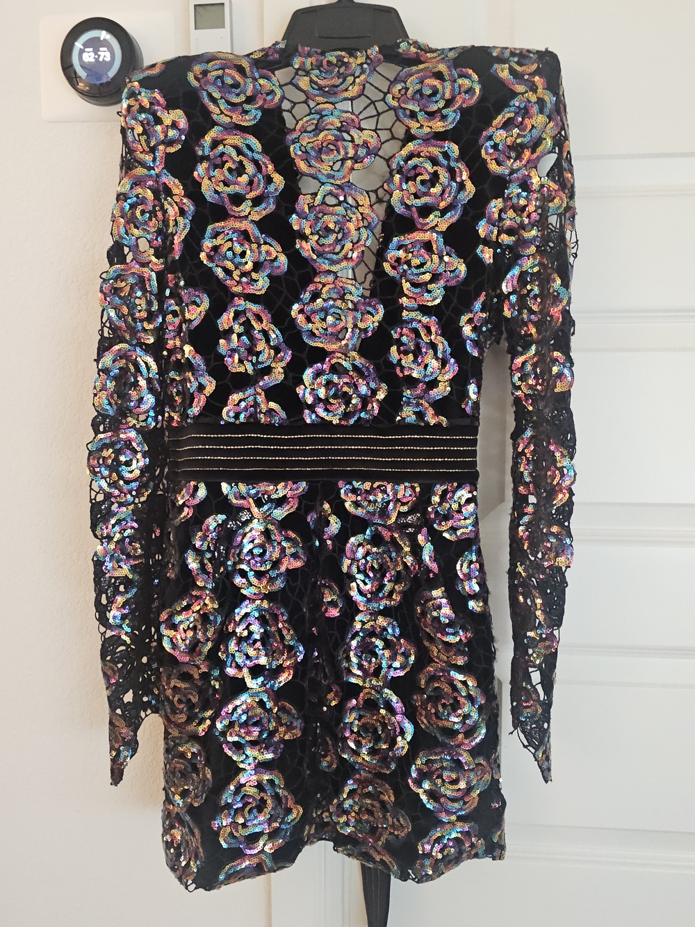 Black Sequin Rose Lace Dress with Multicolor Sparkle - Picture 2 of 7